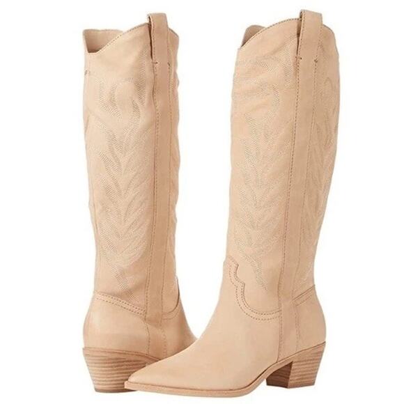 Dolce Vita Shoes - Dolce Vita Solei Western Boots Beige Leather Knee High Cowboy Size 7.5